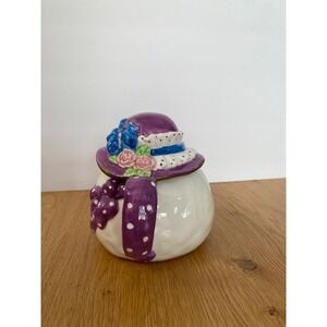 Bella Casa by Ganz Teapot Sun Hat Lid Purple Polka Dot Ribbon White Ceramic Good